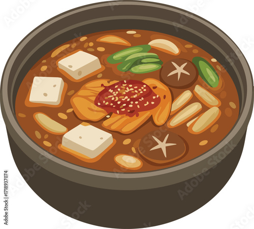 An illustration of a Korean stew in a dark bowl, featuring tofu, mushrooms, kimchi, and green onions in a rich, reddish-brown broth.