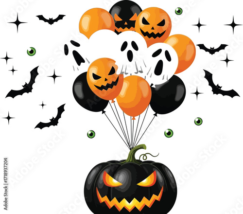Spooky halloween pumpkin with balloons and bats for a fun and festive celebration