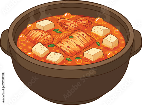 A steaming pot of kimchi stew, featuring tofu and fish.