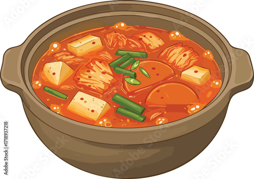 Kimchi jjigae in a brown pot, with tofu and vegetables.