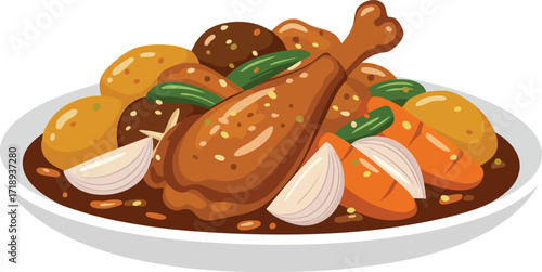A delicious plate of braised chicken stew featuring a drumstick, potatoes, carrots, and onions in a rich brown sauce.