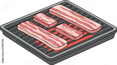 Illustration of bacon strips cooking on a grill.