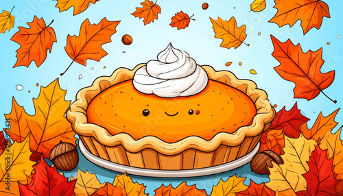 Delightful Pumpkin Pie Cartoon Surrounded by Autumn Leaves and Festive Accents