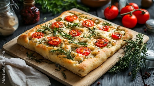 Delicious focaccia bread decorated with vegetables