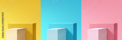 Set of 3d yellow, blue, pink and white steps cube box product podium background. Abstract composition in minimalist design. Studio display showroom pedestal, Fashion stage showcase mockup wall scene.