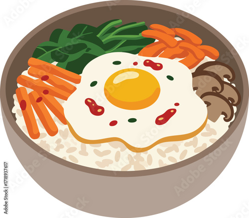 A vibrant illustration of a Korean bibimbap bowl, featuring rice, vegetables, and a fried egg.