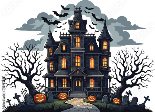 Spooky haunted house with pumpkins and bats for a halloween night celebration scene