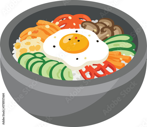 Bibimbap in a stone bowl with egg and vegetables illustration.