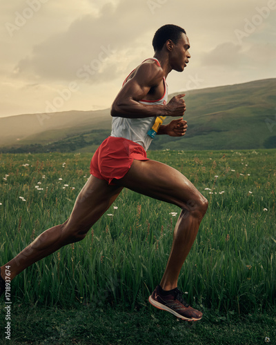 Athletic black male runner pushing through a grassy field during an outdoor training session