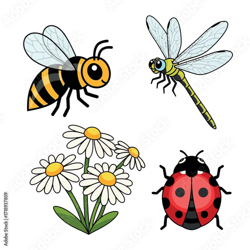 Cute Cartoon Insects and Daisy Flowers Collection Set