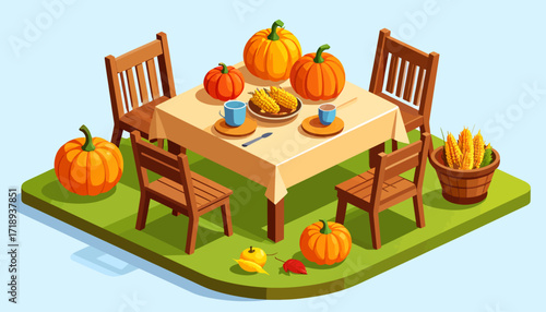 Thanksgiving Feast A Festive Autumn Table Setting with Pumpkins and Cornucopia