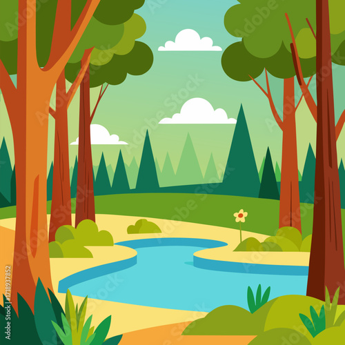 Tree trunks lake with reeds vector landscape background.
