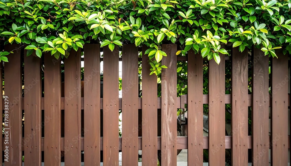 Fototapeta premium Wooden fence with lush green foliage (1)