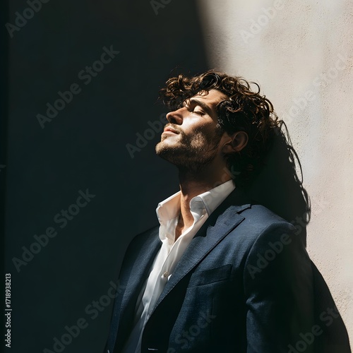 Young man in suit leaning on wall, breathing fresh air, sunlight hitting face, cinematic calm mood