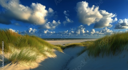 Scenic Beach View With Sand Dunes and Clouds at Sunset Near the Ocean.