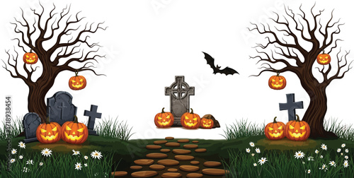 Spooky halloween night scene with pumpkins tombstones trees and a flying bat