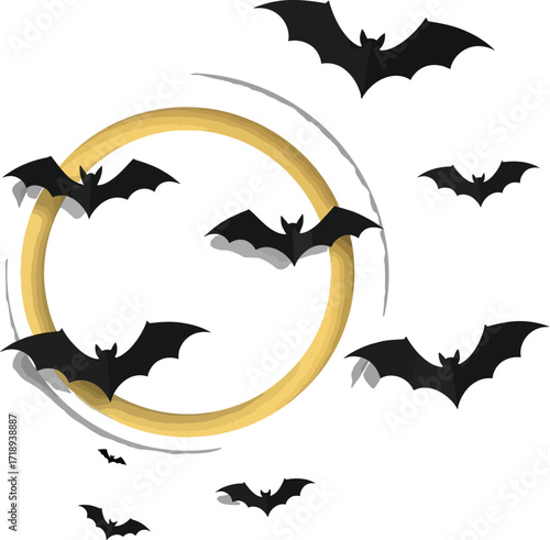 Spooky halloween background with flying bats and circle frame for your holiday message