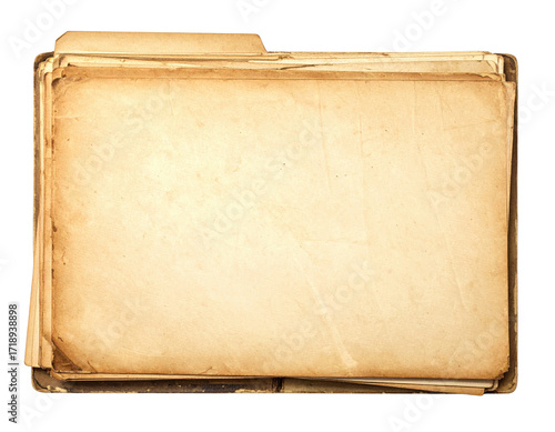 A collection of old, worn-out file folders stacked together, showcasing their aged texture and color.