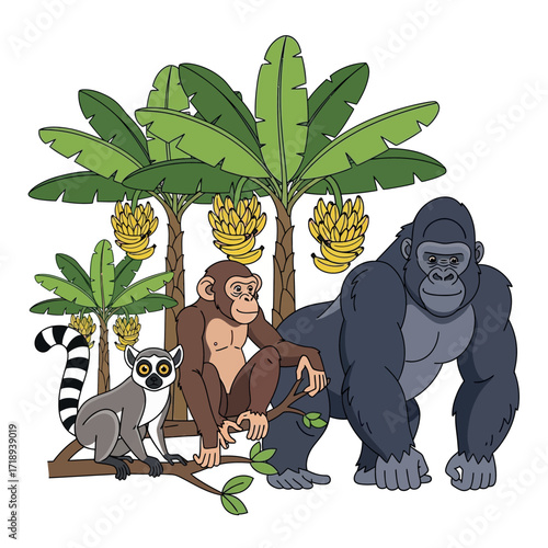 Jungle Animals In Tropical Forest With Banana Trees and Lush Greenery