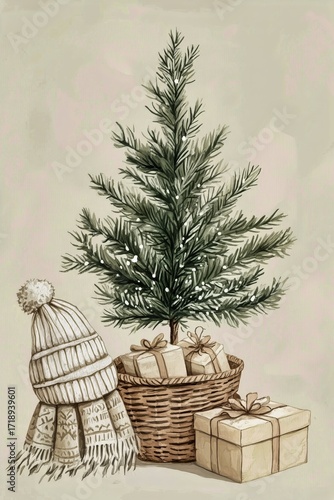 Festive Winter Scene With Small Christmas Tree, Cozy Hat, and Wrapped Gifts i...