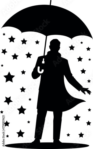 Silhouette man umbrella stars night sky vector