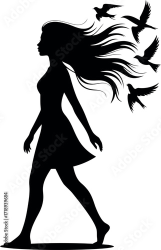 Silhouette of woman walking with birds escaping her hair vector