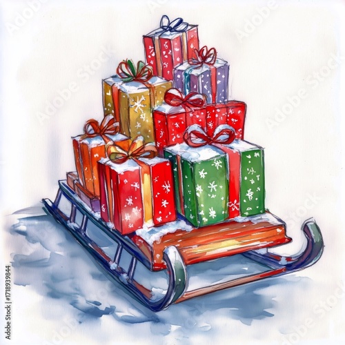 Winter Sleigh Carrying Colorful Wrapped Gifts in a Snowy Setting During the H...