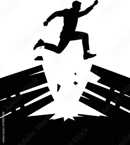 Man leaping over broken bridge silhouette success overcoming obstacles vector