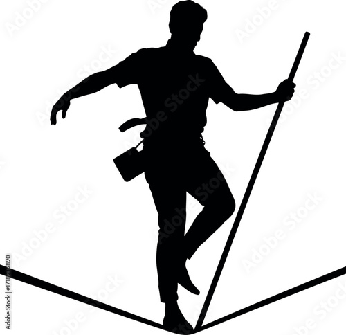 Silhouette of a man balancing on a tightrope with pole vector