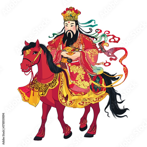 god of wealth on horseback, new year, asia, vector, transparent background, festival, god of wealth, horse, ride