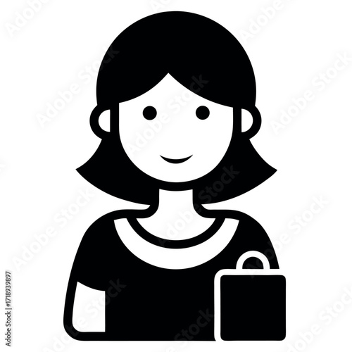 Black and White of Woman Holding Shopping Bag with Pleased Expression