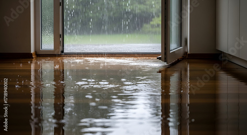Rain falling in room through open doorway, flooded floor and water damage inside house interior, storm flooding home during heavy rainfall and climate disaster event