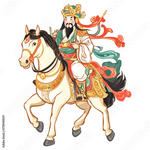 god of wealth on horseback, new year, asia, vector, transparent background, festival, god of wealth, horse, ride