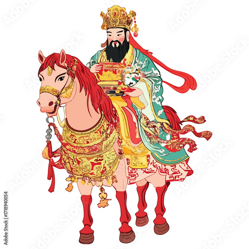 god of wealth on horseback, new year, asia, vector, transparent background, festival, god of wealth, horse, ride