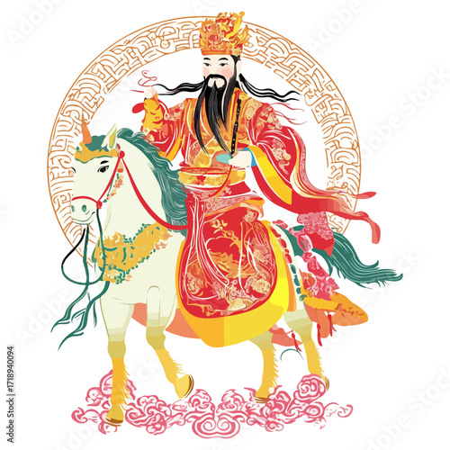 god of wealth on horseback, new year, asia, vector, transparent background, festival, god of wealth, horse, ride