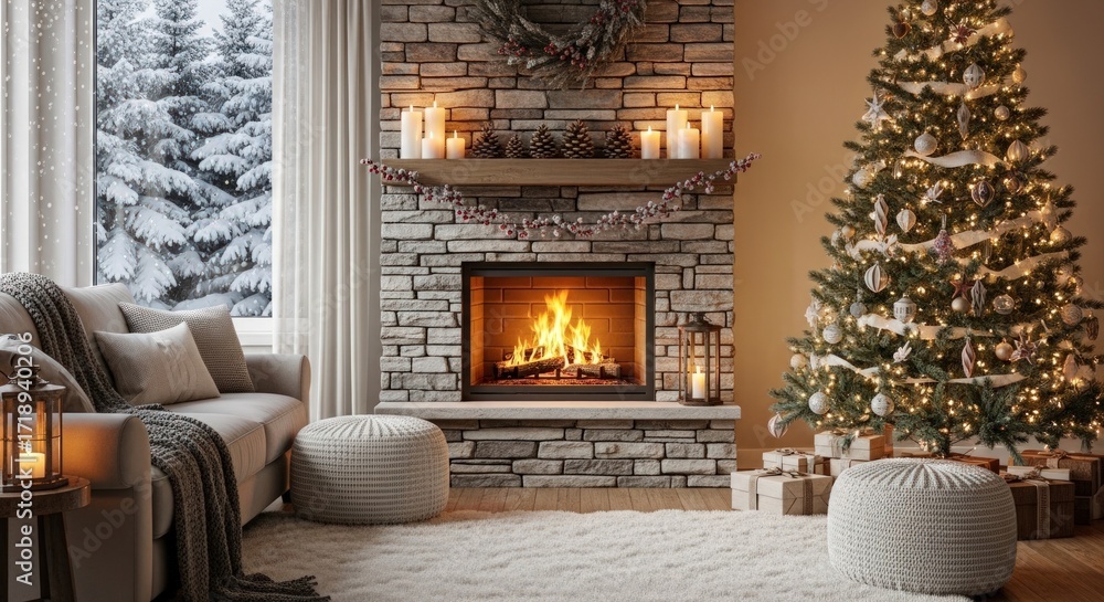 Fototapeta premium Cozy Christmas Eve living room featuring a fireplace and tree for a festive holiday mood
