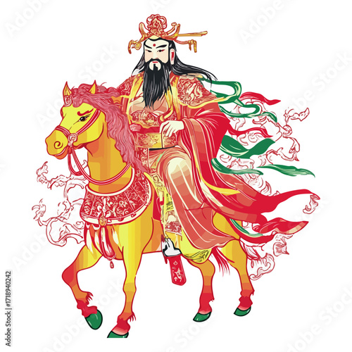 god of wealth on horseback, new year, asia, vector, transparent background, festival, god of wealth, horse, ride