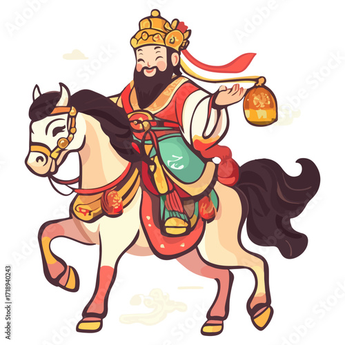 god of wealth on horseback, new year, asia, vector, transparent background, festival, god of wealth, horse, ride