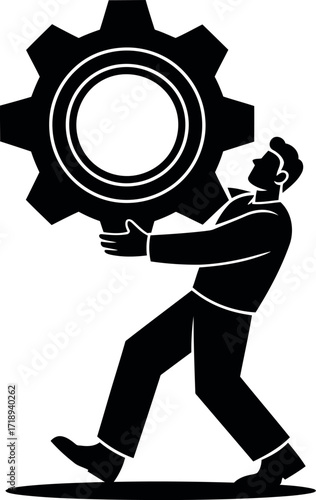 Businessman carrying large cogwheel represents teamwork business concept vector