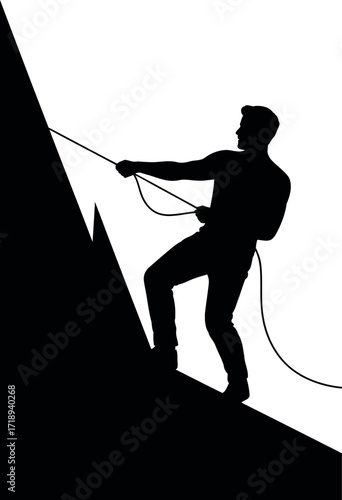 Silhouette climber ascends steep mountain peak silhouette adventure vector