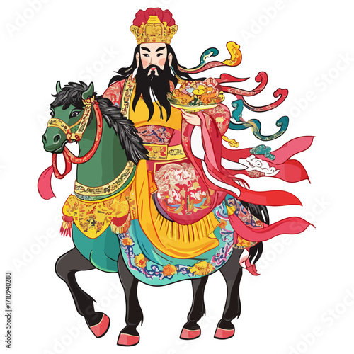 god of wealth on horseback, new year, asia, vector, transparent background, festival, god of wealth, horse, ride