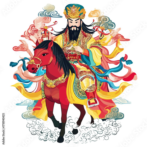 god of wealth on horseback, new year, asia, vector, transparent background, festival, god of wealth, horse, ride