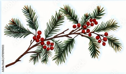 Green Pine Branch With Vibrant Red Berries Captured in a Detailed Botanical I...