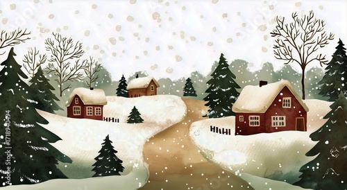 Snowy Winter Landscape With Cozy Cabins and Pine Trees in a Peaceful Countrys...