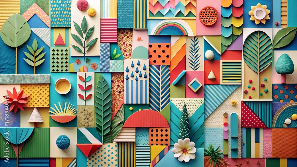 Obraz premium Whimsical collage of colorful paper cutouts creates a vibrant and playful abstract landscape, perfect for adding a touch of joy and creativity to any project