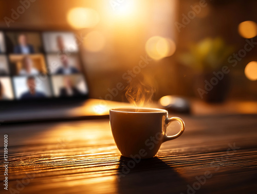 Warm cup of coffee sits wooden table, with laptop displaying virtual meeting background