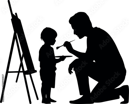 Father teaches child painting art class silhouette creativity vector