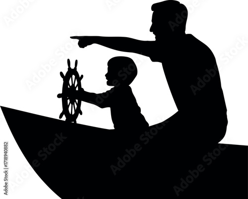 Father and son sailing boat silhouette guiding adventure vector