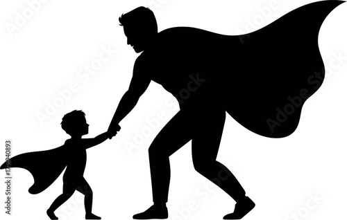 Father and son superhero silhouette family bond vector