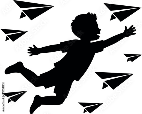 Child silhouette flying paper airplanes dreams of adventure vector